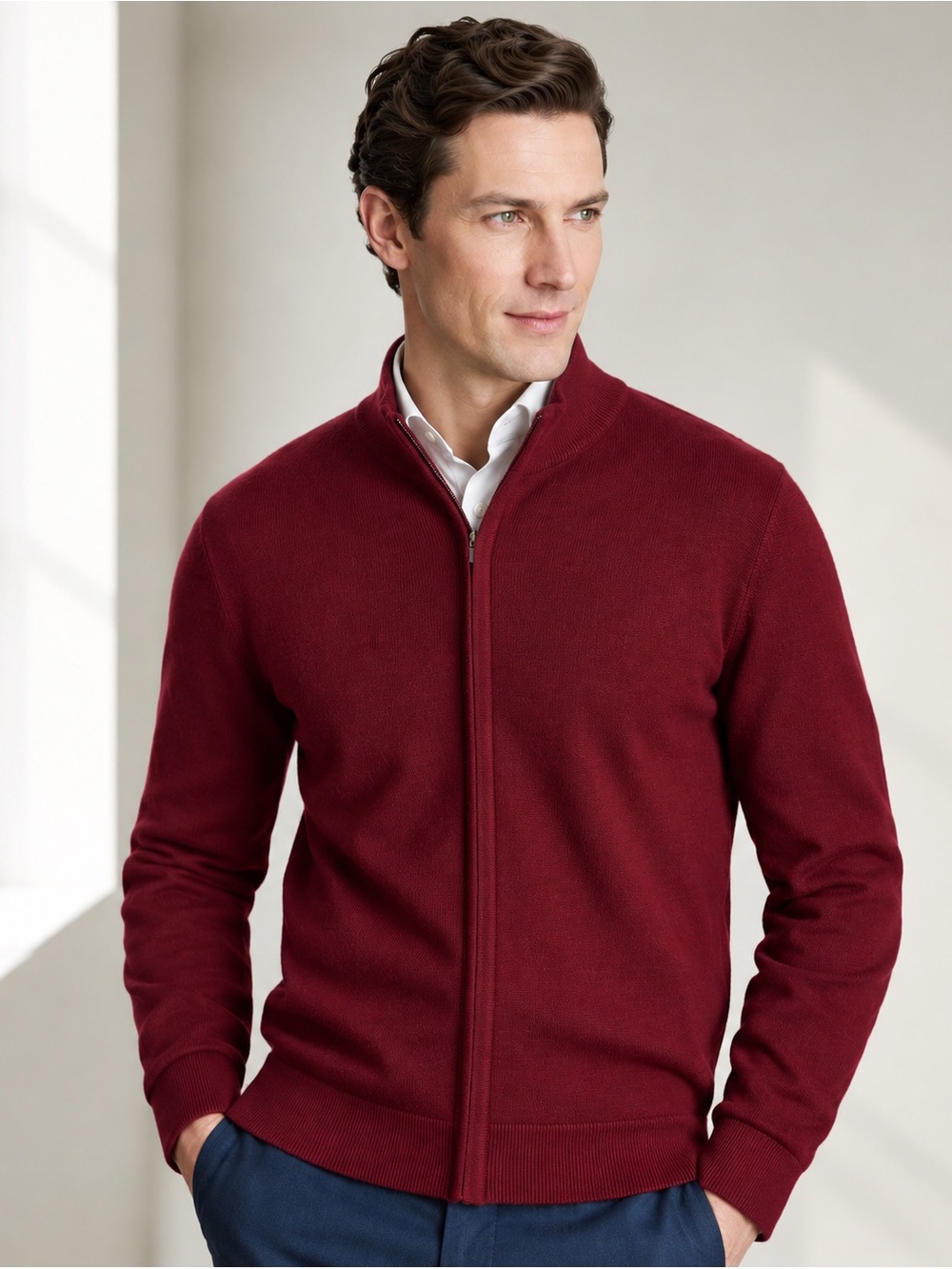 Paul Fredrick 100% Merino Wool Full Zip Sweater Men’s L Burgundy
